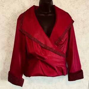 Cachet Red Satin Faux Wrap Top Sequins Lined Blouse Size 14 Elegant Evening Wear